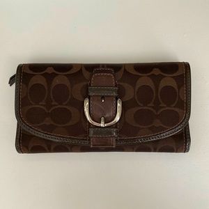 Coach buckle front dark brown signature fabric wallet